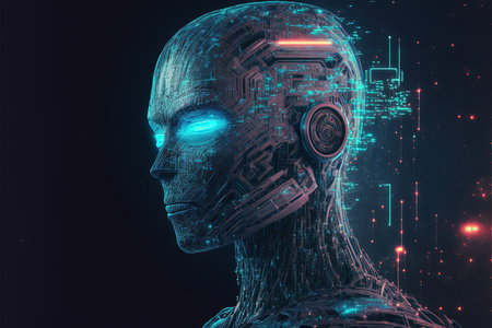 Robot humanoid face with blue glowing eyes on black background. AI thinking brain, artificial intelligence and machine learning process, industrial revolution. Created with Generative AI technologyの素材