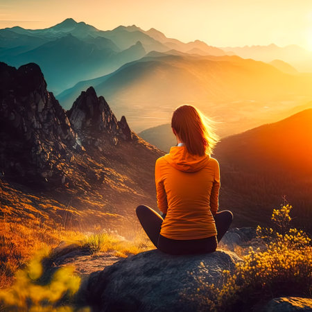 Woman sitting on mountain in the morning sunrise. Created with Generative AI technologyの素材