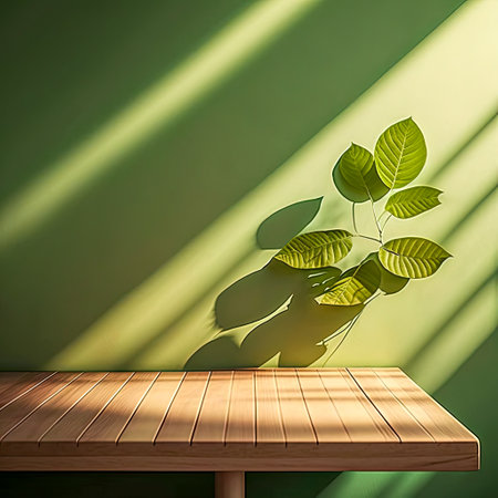 Light wood table and green wall background with leaf of green plant. Sunlight create shadow on wall. Mockup for display of product. Eco friendly interior concept. Created with Generative AI technologyの素材