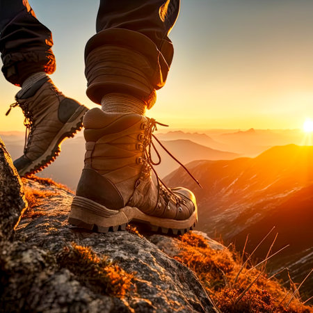 Hiker standing on mountain top on sunset background. Boot of man hiking in mountains. Made with Generative AIの素材