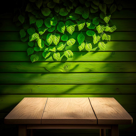 Wooden table top with leaves and dark green background. Mockup for display of product. Eco friendly interior concept. Created with Generative AI technologyの素材