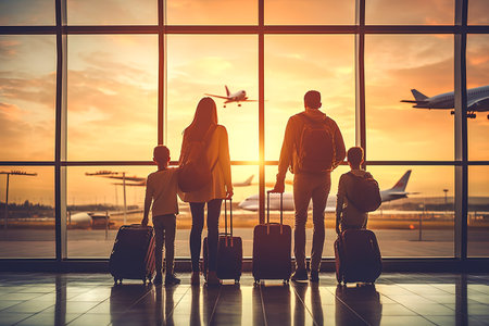 Silhouette of young family with luggage standing looking through the window at airplanes at airport. travel concept. Generative AIの素材