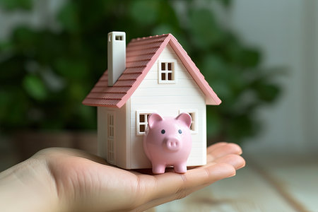 Hand holding house model with pink piggy bank. Saving money, loan, insurance, real estate concept. Generative AIの素材