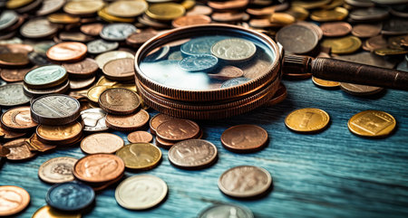 Magnifier glass and coins on table. Income growth, high percentage of investment. Search for new sources of income. Deposit or loan terms. Cost cutting, budget optimization. Generative AIの素材