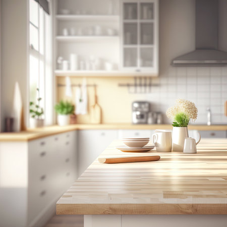 Stylish kitchen interior in Scandinavian style. Design of clean room with wooden table and big window. Generative AIの素材