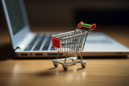 Laptop with small shopping cart. Concept of online shopping. Generative AIの素材