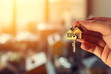 Hand with keys to the new house. Mortgage, investment, rent, real estate, property concept. copyspace. Generative AIの素材