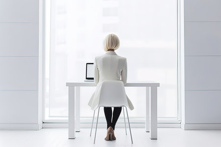 Businesswoman in white suit sitting on chair from back over office window background. Generative AIの素材