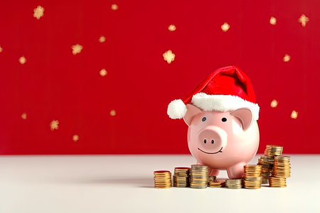 Piggy bank with Santa Claus hat and coins on festive red background. Copy spaceの素材