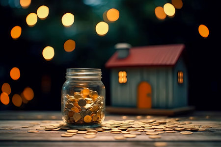 Coin jar on the table, miniature house and lights on background. Christmas mortgage and home loan, moving in new apartment in new year, making wish about own homeの素材