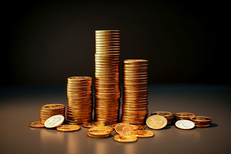 Stacks of gold coins on black background. Business, finance and money conceptの素材