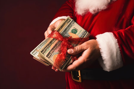 Santa Claus hands holding money on Christmasの素材
