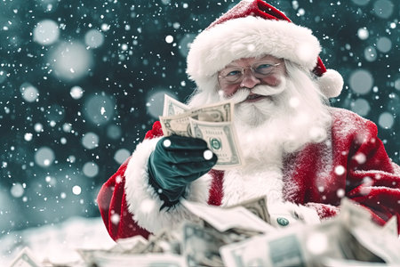 Smiling Santa Claus giving money as Christmas giftの素材