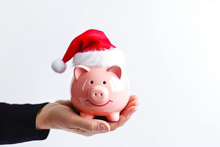 Hand holding piggy bank with Santa Claus hat on white background, closeupの素材