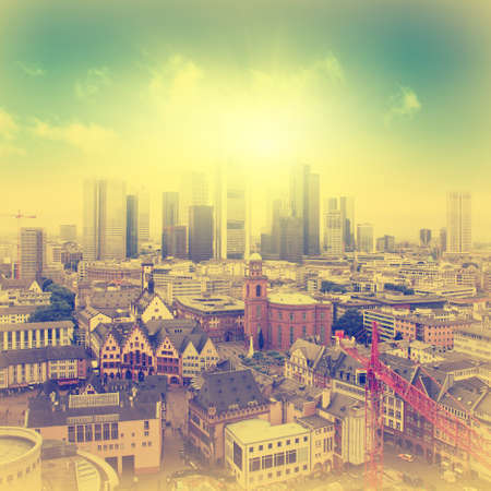 Aerial view of Frankfurt at sunset.Vintage style.の写真素材