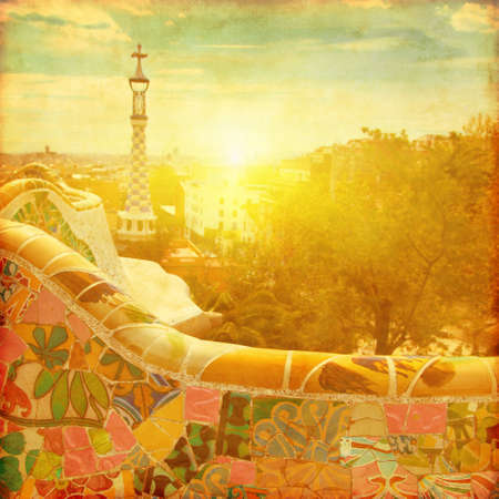 View of Barcelona from Park Guell at sunset. Grunge and retro style.の写真素材