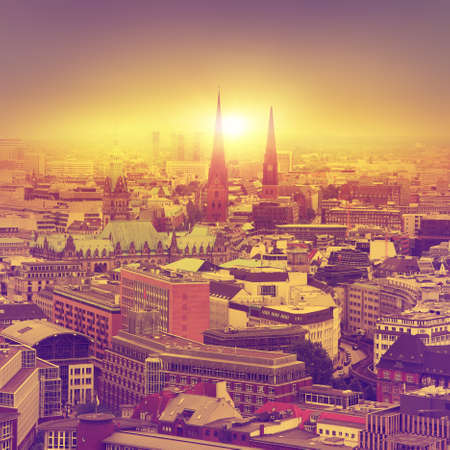 Aerial view of Hamburg at sunset. Vintage style.の写真素材