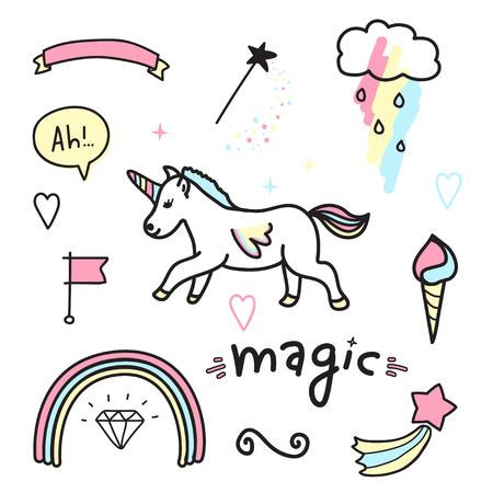 Unicorn and colorful magical item image.のイラスト素材