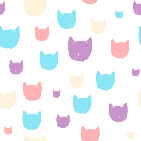 Hand drawn pastel seamless pattern for kids design. Cats head cartoon background.のイラスト素材