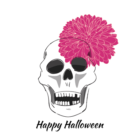 Happy Halloween. Skull with flower. Hand drawn vector illustration.のイラスト素材