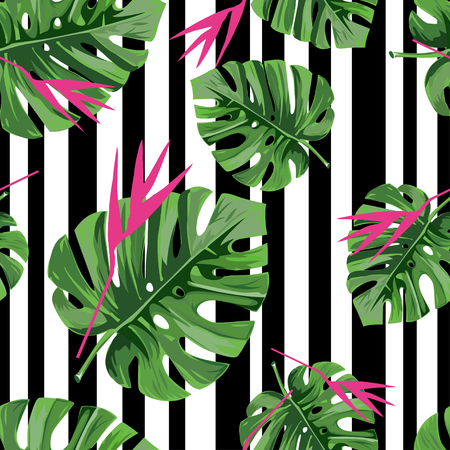 Vector background. Exotic jungle plant tropical palm leaves with pink flowers and black stripes.のイラスト素材