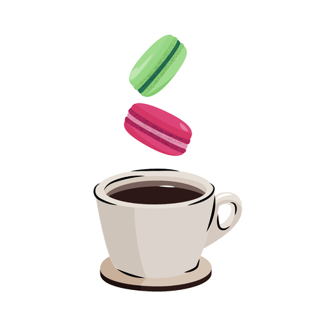 Vector illustration. Flying macarons and black coffee.のイラスト素材