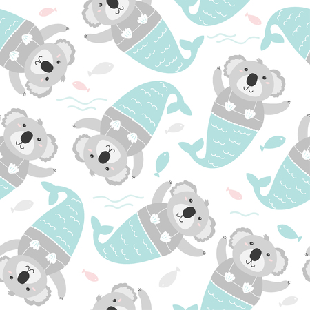 Kids background. Cute coala mermaid sea seamless pattern.のイラスト素材
