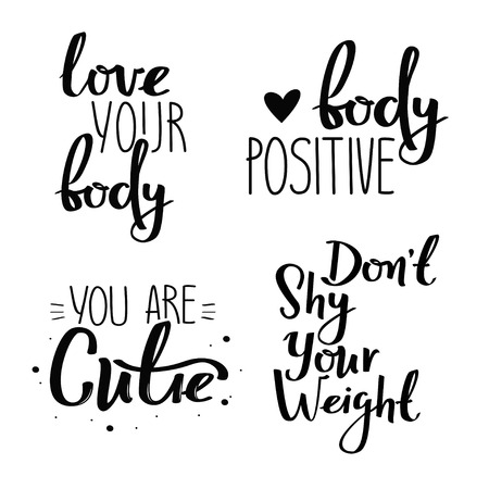 Vector collection black calligraphic motivational phrases. Set of body positive handwritten posters.のイラスト素材