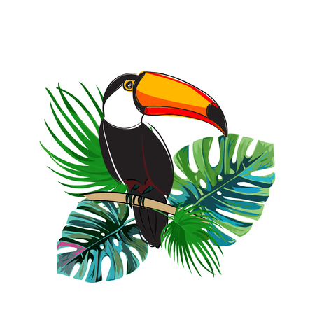 Exotic bird with tropical leaves. Realistic illustration. Toucan sitting on branch.のイラスト素材
