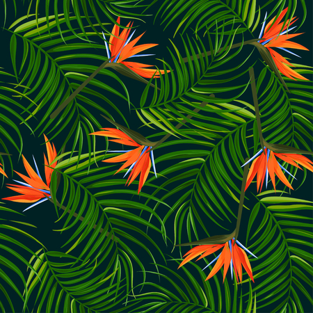 Palm leaves and bird of paradise strelitzia seamless pattern. Dark tropical background.のイラスト素材