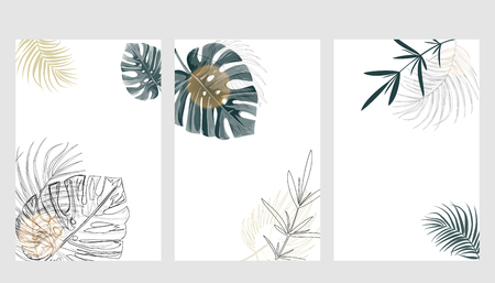 White, green and golden colors vector collection. Set of calm tropical design cards.のイラスト素材