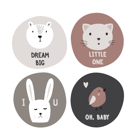 Cirles with cute animals and phrases. Hand drawn kids design.のイラスト素材
