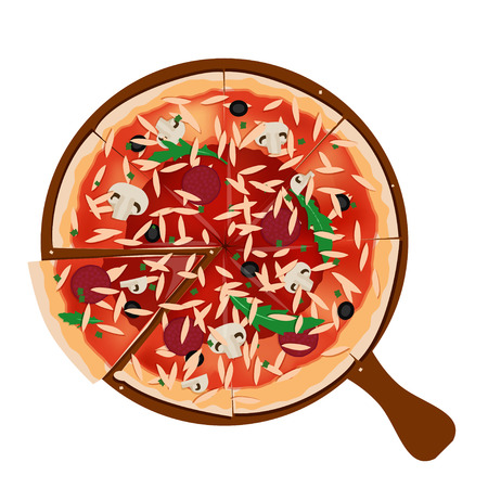 Realistic vector illustration. Hot Italian pizza with pepperoni, mushrooms, olivesのイラスト素材