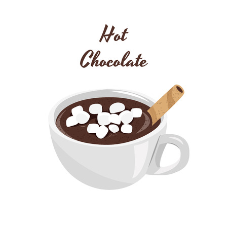 Realistic vector illustration. Hot chocolate with marshmallows in white cup.のイラスト素材