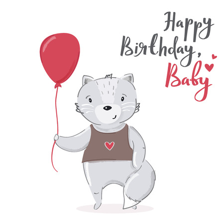 Happy birthday, baby cartoon card design. Cute grey cat character with red balloon vector illustration.のイラスト素材