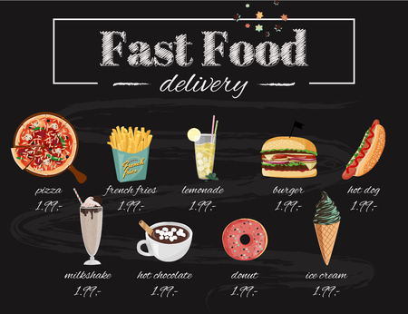 Set of hand drawn vector meals. Pizza, hot dog, burger, milkshake, hot chocolate. Fast food Cafe menu illustration.のイラスト素材