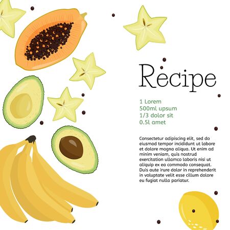 Carambola, papaya, bananas and avocado fruits. Simple design template of recipe. Isolated carambola on white background.のイラスト素材