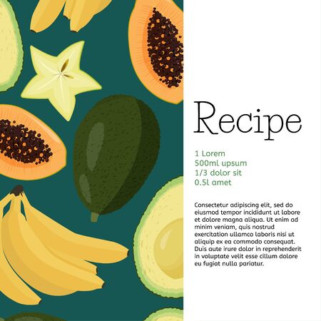 Simple design template of recipe. Isolated carambola on white background. Carambola, papaya, bananas and avocado fruits.のイラスト素材