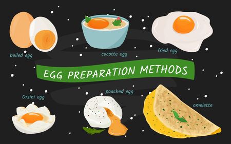 Set of meal preparing illustrations. Egg cooking in different ways.のイラスト素材