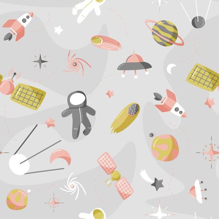 Cute space seamless pattern. Colorful kids background.のイラスト素材