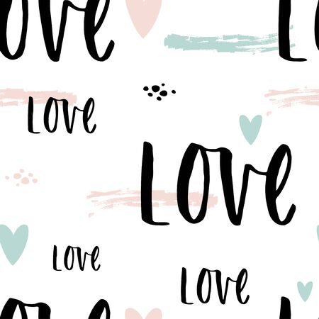 Vector trendy seamless pattern with Love lettering and hearts on white background. Handwritten background. Modern calligraphy.のイラスト素材