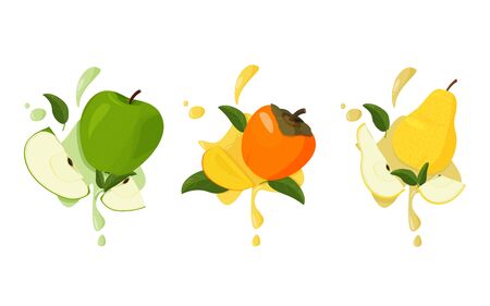 Set of fresh fruits with splashes. Persimmon, apple and pear with green leaves.のイラスト素材