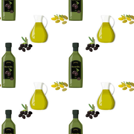 Glass jug with olive oil with black olives background. Seamless food pattern.のイラスト素材
