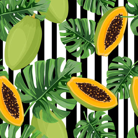 Bright exotic seamless pattern with monstera leaves and papaya. Graphic stripped background.のイラスト素材