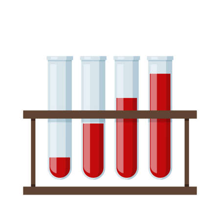 Test tube stand. Set of glass containers with blood. Medical vector illustration.のイラスト素材