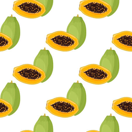 Summer seamless pattern. Bright tropical fruit papaya, whole and half of a sectional with seeds background.のイラスト素材