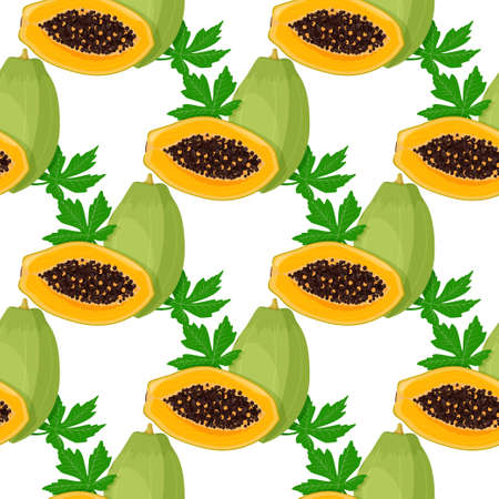 Summer seamless pattern. Bright tropical fruit papaya, whole and half of a sectional with seeds and green leaves background.のイラスト素材