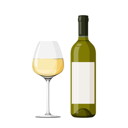 Wineglass with white wine vector illustration. Realistic glass with bottle.のイラスト素材