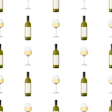 Glass green bottle and glass of white wine background. Seamless pattern with alcohol drink.のイラスト素材