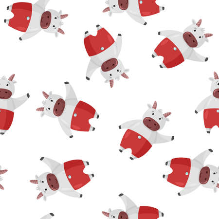 Cute cartoon cow Christmas character background. Seamless pattern with ox for new year design.のイラスト素材